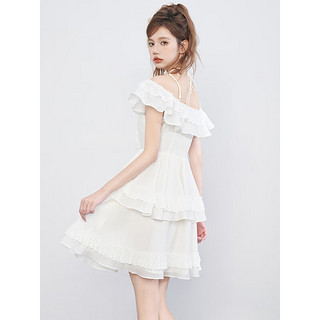 西遇一字肩吊带连衣裙女2023新款夏季法式白色蕾丝荷叶边公主短裙 白色 S