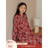 朵朵·可可23秋冬季新款纯棉格子盘扣宽松家居服长袖长裤睡衣女套装 红格 155(S)