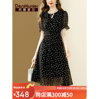 丹慕妮尔通勤黑色碎花雪纺连衣裙女2023夏季新款气质收腰中长裙子 黑色 S