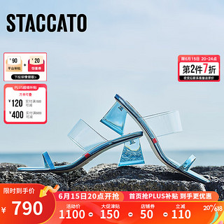 STACCATO 思加图 2023夏季新款氧气鞋仙女风外穿一字带粗跟透明拖鞋EBI34BT3 兰色 36