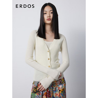 ERDOS 23早秋V领抽条长袖女纯羊毛针织开衫 白 155/76A/XS