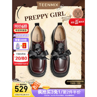 天美意2023秋新款商场同款厚底粗跟英伦鞋休闲女皮鞋CHO27CM3 酒红色 34