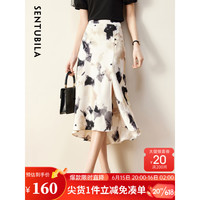尚都比拉复古印花百搭通勤裙摆开叉A字裙显瘦中长款半身裙 杏底黑花 XL