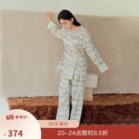 朵朵·可可23秋冬季新款棉麻印花休闲简约长袖长裤家居服睡衣女套装 杏色 155(S)