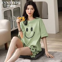 伊缇恩（Evnttenr）女士睡衣纯棉夏季薄款短袖短裤100%棉圆领卡通休闲家居服可外穿 果绿色 M
