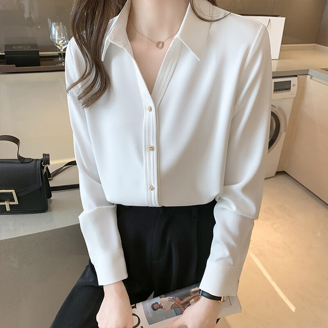 HMDIME 衬衫女2023春季长袖气质垂直感衬衣金属扣时尚显瘦上衣 白色 M