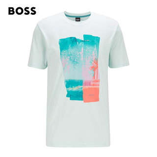 HUGO BOSS男士春夏照片印花棉质平纹针织常规圆领短袖T恤