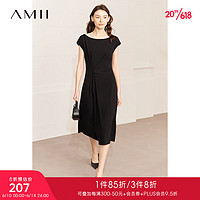 AMII2023夏新款极简优雅小黑裙修身罗马布弹力半袖A摆连衣裙女 黑色 165/88A/L