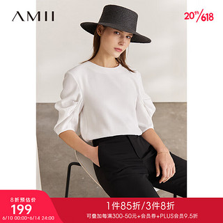 AMII2023年夏新款圆领收褶泡泡袖法式白衬衫上衣设计感女小众衬衣 米白 S