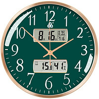 三五 牌 挂钟客厅万年历钟表创意双日历温度时钟简约石英钟薄边挂表 53811镀金绿色（37cm）