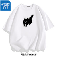 真维斯（JEANSWEST）短袖男夏季学生情侣纯棉透气印花t恤衫青少年宽松圆领运动半袖衫 白色（猫咪虚影黑） S(体重90斤-100斤)