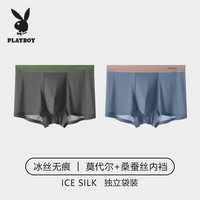 花花公子(PLAYBOY)冰丝男士内裤男四角裤夏季薄款莫代尔无痕抗菌内档平角短裤头 高级灰+蓝灰色 L