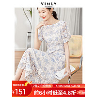 梵希蔓法式浪漫复古穿搭高级感小个子碎花连衣裙女夏季新款蕾丝裙 M1790 蓝白色 S