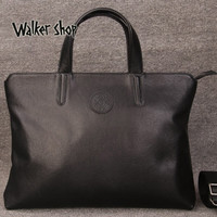 Walker Shop商务公文包男2023男士手提包休闲公文包时尚单肩斜挎软皮牛皮包男 黑色超大号