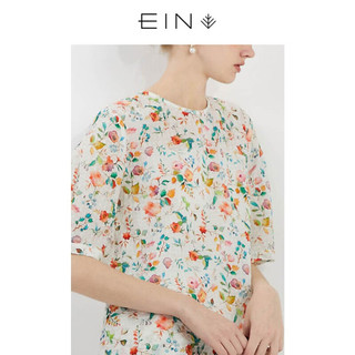 EINEIN言2023夏季新品文艺清新田园水彩花稿女连衣裙 浅杏 L