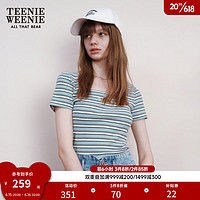 Teenie Weenie小熊2023夏季新款基础款U领条纹刺绣短袖T恤上衣女 薄荷色 165/M