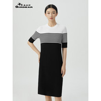 哥弟真的好女装2023夏季新款简约中袖拼色冰丝针织连衣裙A500260 黑拼白 XL(5码)