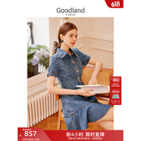 音儿(YINER)美地女装2023夏季新款美式牛仔薄荷荷叶边POLO领连衣裙 复古蓝 36