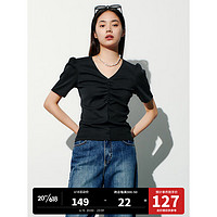 太平鸟V领抽皱气质T恤女2023夏新款短袖泡泡袖优雅设计感上衣透气 黑色 S