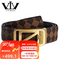 V.V.Brown牛皮菱形格纹皮带男自动扣高档商务时尚真皮裤Z扣潮青父亲节礼物 金色扣头 115cm