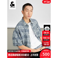杰克·琼斯（JACK&JONES）夏季男款潮流高街个性字母满印宽松牛仔短袖衬衫223259014 蓝 175/96A/M