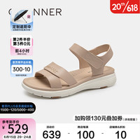 C.BANNER千百度女鞋2023年夏季新款休闲凉鞋超轻厚底坡跟真皮魔术贴舒适 杏色 34
