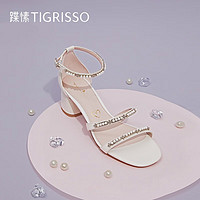 蹀愫（tigrisso） 夏季新品气质珍珠细带罗马一字带圆头中跟女时装凉鞋TA21306-82t 米白色胎牛皮革 34
