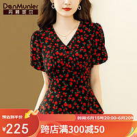 丹慕妮尔丹慕妮尔红色优雅碎花衬衫2023夏季新款女装v领气质收腰修身上衣 红色 M