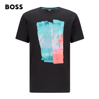 HUGO BOSS男士春夏照片印花棉质平纹针织常规圆领短袖T恤 001-黑色 S