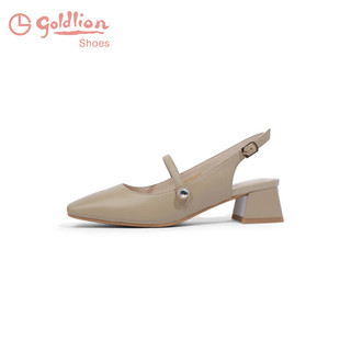 金利来（goldlion）女鞋夏浅口通勤单鞋中跟玛丽珍鞋法式包头凉鞋女 J82SB046D卡其38