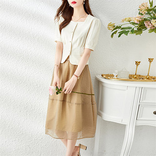 TERRE BLEUE休闲套装女韩版时尚洋气高腰半身裙搭短袖衬衫两件套 卡其色 L