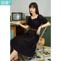 夏装新款桃心领假纽扣开襟装饰短袖A字型连衣裙淑女气质休闲裙子