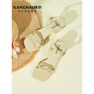 康奈（kangnai）女鞋2023年夏季新款仙女风凉鞋粗跟百搭一字带时装凉鞋18234035 鹅黄色 34
