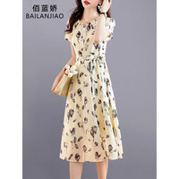 佰蓝娇2023夏季女装新款时尚气质法式雪纺碎花连衣裙小个子仙女裙子夏天 米底黑花 M