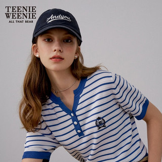 Teenie Weenie小熊2023夏季新款通勤V领薄款条纹撞色毛衣针织衫女 蓝色 155/XS