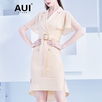 AUI西装连衣裙女2023夏季新款香槟色名媛气质高腰修身荷叶边裙子 香槟色 L