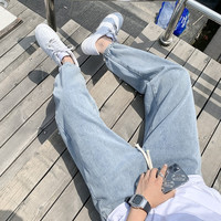 衣然呈品牛仔裤男夏季新款韩版潮流宽松休闲运动束脚纯色哈伦裤九分裤子男 蓝色 M