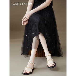 西遇小香风平底凉鞋女2023年夏季新款仙女风珍珠透明绑带时装鞋 黑色 35