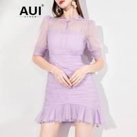 AUI网纱连衣裙女2023夏季新款紫色名媛气质泡泡袖褶皱修身包臀裙 紫色 M