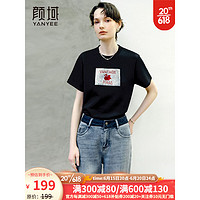 颜域（YANYEE）2023新款设计感印花黑色短袖T恤女夏季时尚百搭圆领针织上衣 黑色 L/40