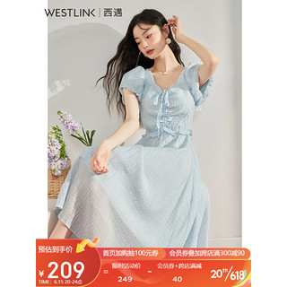 西遇蓝色V领连衣裙女2023年夏季新款小清新甜美收腰海边法式裙子 蓝色(预售6月20日) M