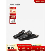 NINE WEST 玖熙 包头拖女羊皮金属饰扣穆勒平底鞋 NK307020KK 黑色35