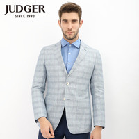 庄吉(Judger)夏季薄款半里西装 商务休闲男士透气亚麻西服 淡蓝格纹 165/44A