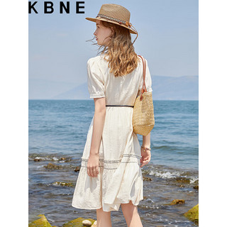 KBNE连衣裙女裙子夏季2023法式气质V领中长款收腰显瘦A字裙 米色 XS
