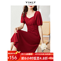 梵希蔓方领泡泡袖连衣裙女夏季法式复古收腰显瘦红色a字中长裙子 71709 红色 M
