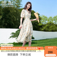 香影 X.YING(xiangying)碎花连衣裙女2023夏装新款海边度假沙滩裙泡泡袖v领雪纺长裙 蓝色 S预售6.20陆续发货