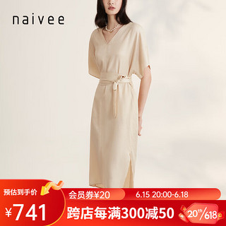 纳薇（naivee）商场同款naivee纳薇23夏新款知性时髦可拆卸腰带V领宽松连衣裙 浅米驼 155/80A/S