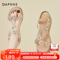 达芙妮(DAPHNE)坡跟凉鞋女夏高跟2023夏季新款女鞋一字带沙滩凉拖 金色跟高6cm 37标准码