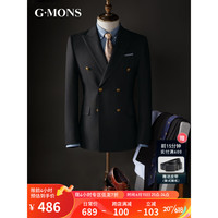 吉约蒙(G·MONS)双排扣西装男套装黑色商务休闲修身西服外套西装上衣 黑色 西裤码数请备注