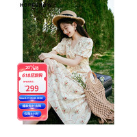 红袖 夏季2023新款女装 印花泡泡袖收腰V领套头连衣裙 米底花611 S